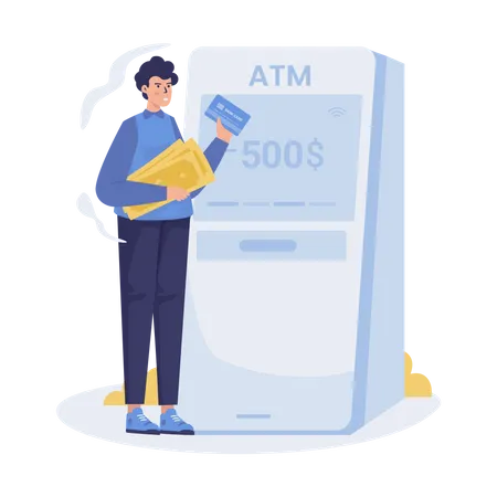 A Man Doing Withdraw Cash At An ATM Machine Vector Illustration Illustration