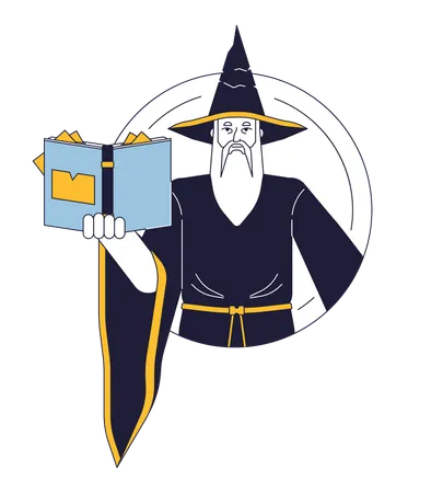 Wizard Flat Line Color Vector Character Magician Performing Magic By Spell Book Editable Outline Half Body Person On White Simple Cartoon Spot Illustration For Web Graphic Design Illustration