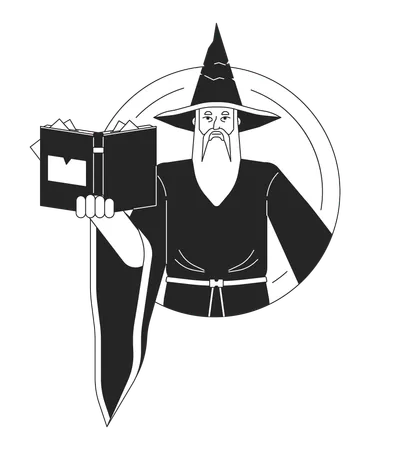 Wizard Flat Line Black White Vector Character Magician Performing Magic By Spell Book Editable Outline Half Body Person Simple Cartoon Isolated Spot Illustration For Web Graphic Design 일러스트레이션