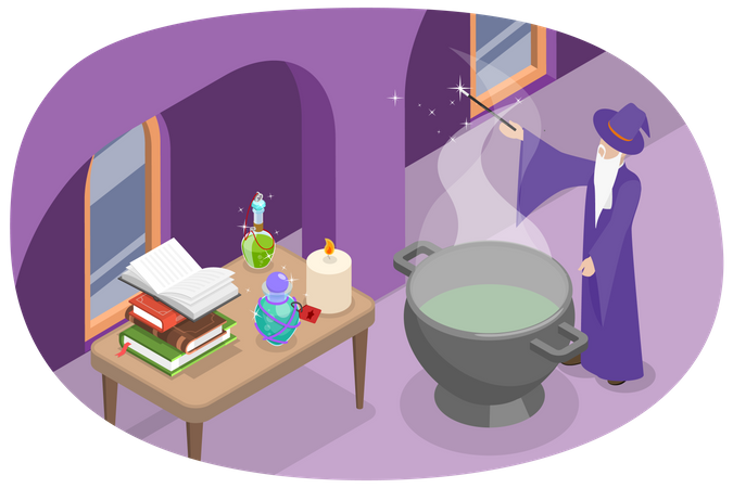 Wizard Brewing a Magic Potion  Illustration