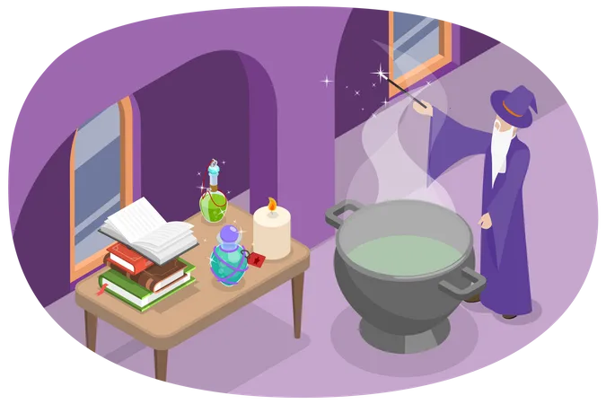 3 D Isometric Flat Vector Conceptual Illustration Of Wizard Magical Laboratory Alchemist In A Castle Brewing A Magic Potion Illustration
