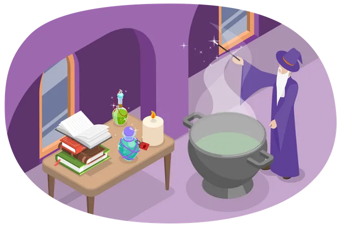 Wizard Brewing a Magic Potion  Illustration