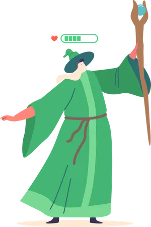 Wizard In Virtual Reality Massively Multiplayer Online Role Playing Game Isolated Sorcerer Wear Green Robe And Pointed Hat Holding Staff With Battery Level Over The Head Cartoon Vector Illustration 일러스트레이션