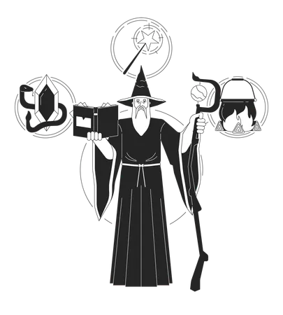 Wizard Person Archetype Bw Concept Vector Spot Illustration Wise Man With Magical Staff 2 D Cartoon Flat Line Monochromatic Character For Web UI Design Psychology Editable Isolated Outline Hero Image Illustration