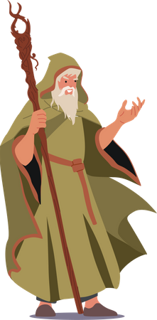 Wizard Wear Long Robe Holding Wooden Magic Staff Illustration