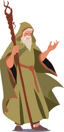Wizard Wear Long Robe Holding Wooden Magic Staff Illustration