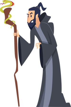 Wizard Wear Long Robe Holding Wooden Magic Staff  Illustration