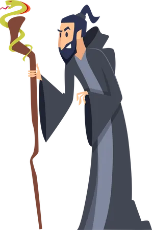 Wizard Wear Long Robe Holding Wooden Magic Staff  Illustration