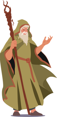 Wizard Wear Long Robe Holding Wooden Magic Staff  Illustration