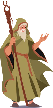 Wizard Wear Long Robe Holding Wooden Magic Staff  Illustration