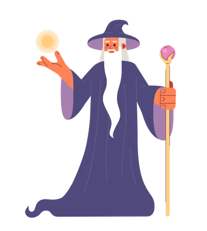Wizard With Magic Powers Semi Flat Color Vector Character Editable Full Body Old Man In Mage Robe Show Magic Power On White Simple Cartoon Spot Illustration For Web Graphic Design Illustration