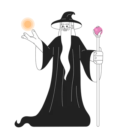 Wizard With Magic Powers Monochromatic Flat Vector Character Editable Full Body Old Man In Mage Robe Show Magic Power On White Simple Bw Cartoon Spot Image For Web Graphic Design Illustration