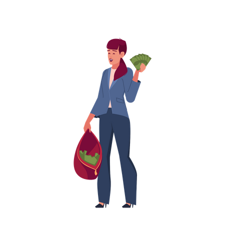 Wohlhabende Frau hält Handtasche mit Geld  Illustration