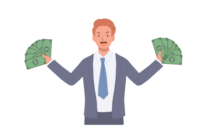 Wohlhabender Geschäftsmann mit Haufen Bargeld  Illustration
