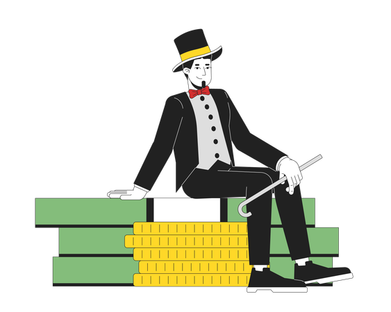 Wohlhabender Mann im Smoking und Zylinder sitzt auf Geldstapel  Illustration