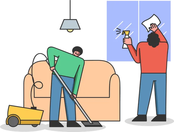 Wohnung reinigen, Boden staubsaugen und Fenster reinigen  Illustration