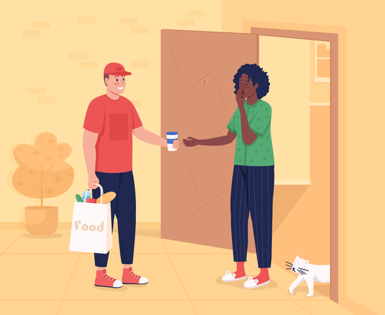 Woman accepting food delivery Illustration