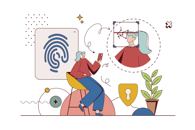 Woman accessing her account with id fingerprint scanning and user face recognition  Illustration