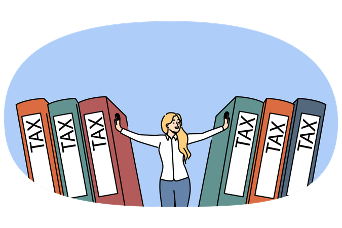 Woman accountant pushes giant tax folders  Illustration