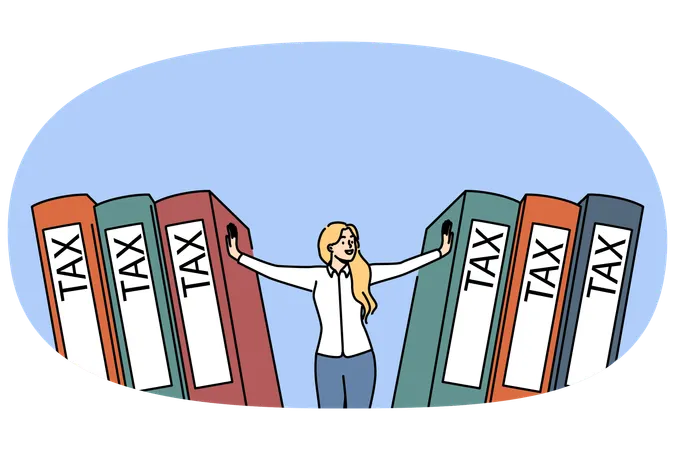 Woman accountant pushes giant tax folders  Illustration
