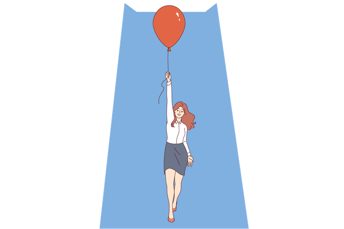 Woman achieves success in business and flies up in balloon thanks to professional actions  Illustration