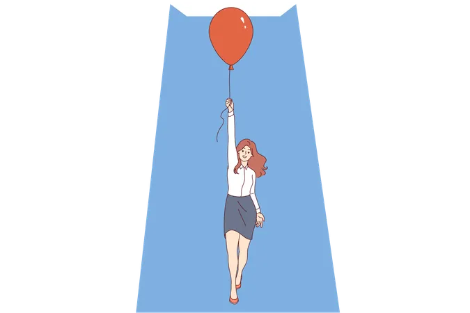 Woman achieves success in business and flies up in balloon thanks to professional actions  Illustration