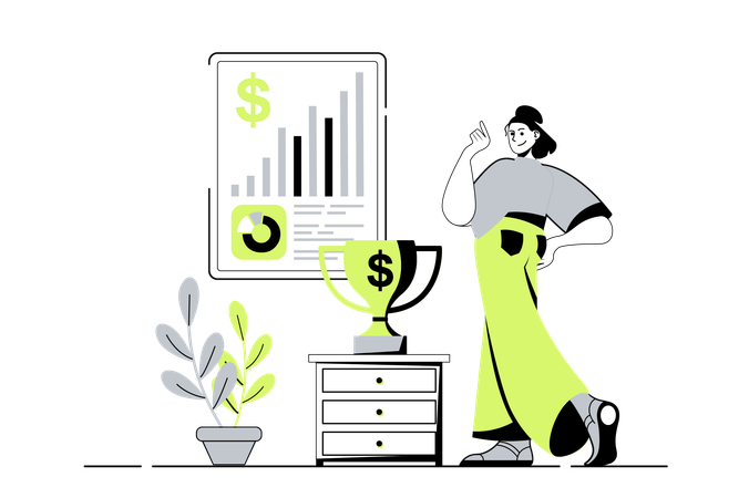 Woman achieving career goals and financial success and getting trophy cup  Illustration