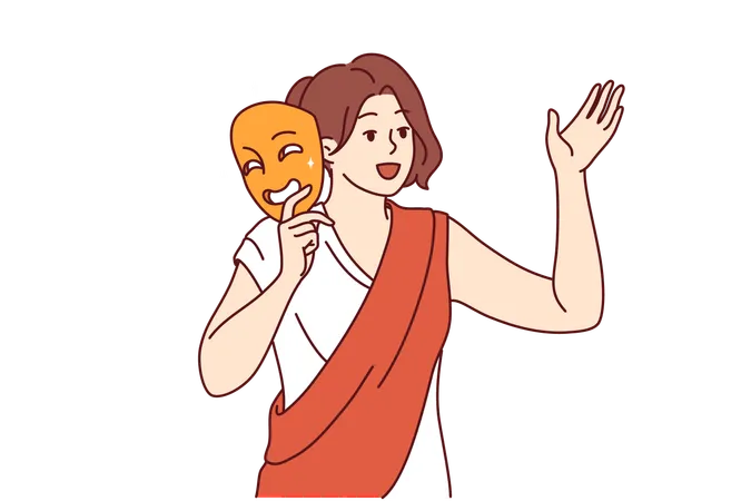 Woman Actor In Antique Clothing Holds Mask For Theatrical Production And Performs Monologue In Front Of Audience Girl Actress Rehearsing Theatrical Performance About Ancient Greek Life And Traditions Illustration