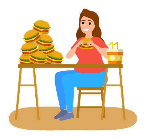 Woman Addicted To Food  Illustration