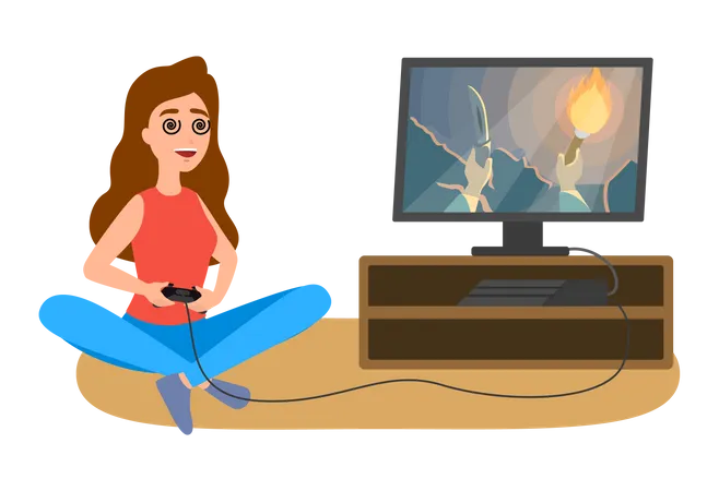 Woman Addicted To Game Illustration