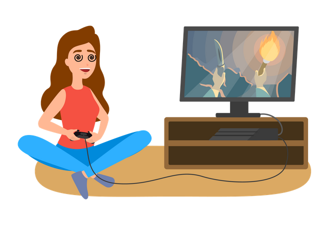 Woman Addicted To Game  Illustration