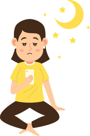 Woman addicted to phone due to sleepless nights  Illustration