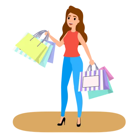 Woman Holding Pile Of Shopping Bags Shopaholic Concept Big Sale And Discount In The Store Purchasing Everything Isolated Flat Vector Illustration Illustration