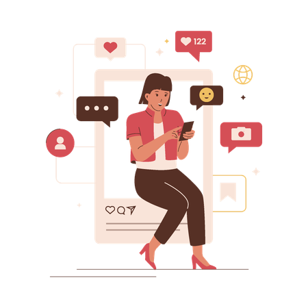 Woman addicted to social media application  Illustration