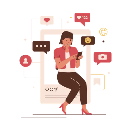 Woman addicted to social media application  Illustration