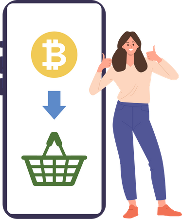 Woman adding bitcoin into basket for purchase  イラスト