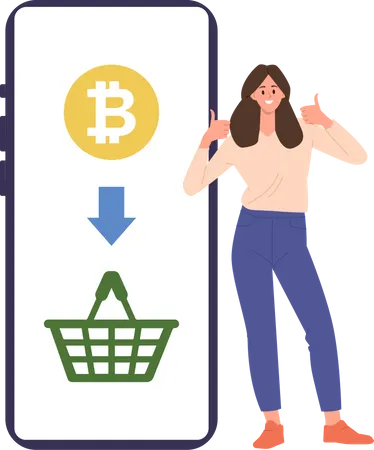 Woman adding bitcoin into basket for purchase  イラスト