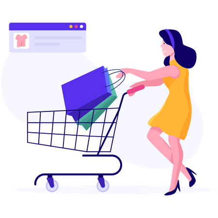 Woman adding products in cart while doing online shopping Illustration
