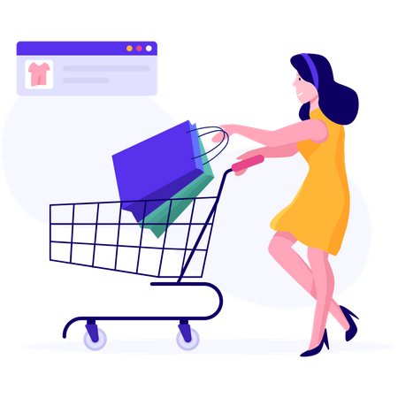 Woman adding products in cart while doing online shopping  Illustration