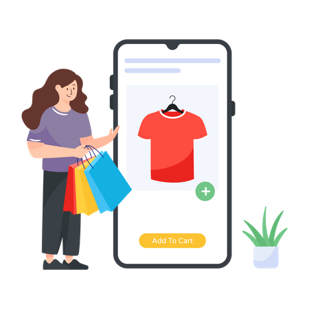 Woman adding products to cart on e-commerce application Illustration