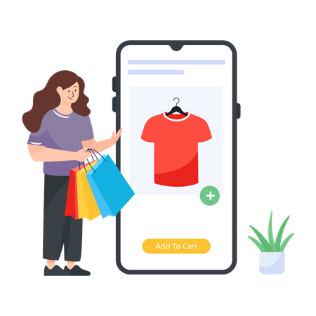 Woman adding products to cart on e-commerce application  Illustration