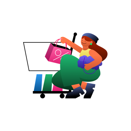 Woman adding shopping items into cart  Illustration