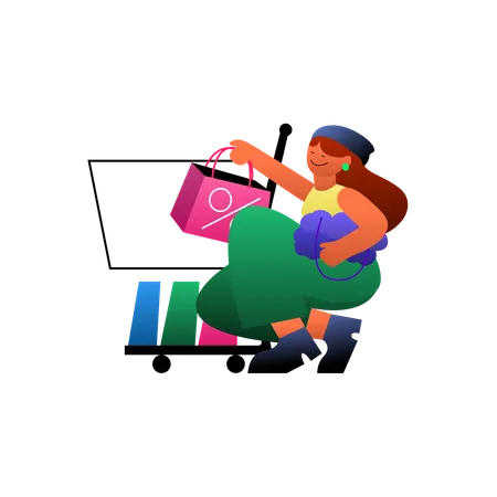 Woman adding shopping items into cart  Illustration