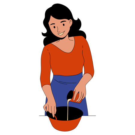 Woman adds cream in meal bowl  Illustration