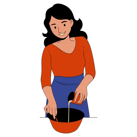 Woman adds cream in meal bowl  Illustration