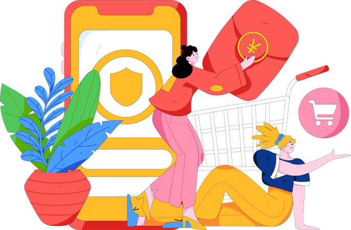 Woman adds item in her shopping cart  Illustration