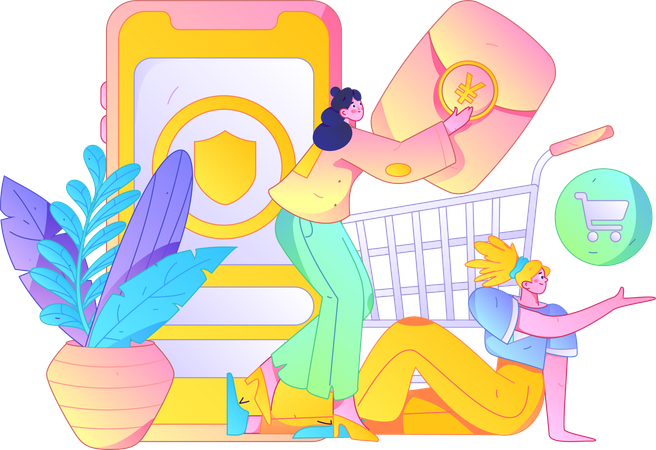 Woman adds item in her shopping cart  Illustration