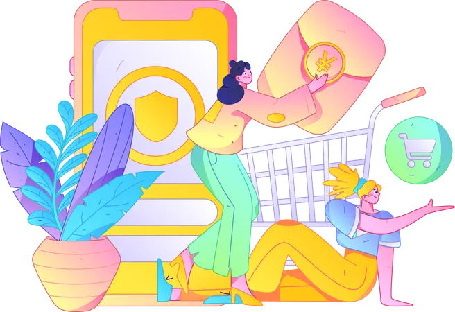 Woman adds item in her shopping cart  Illustration