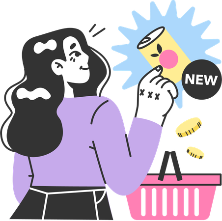 Woman adds products in shopping basket  Illustration