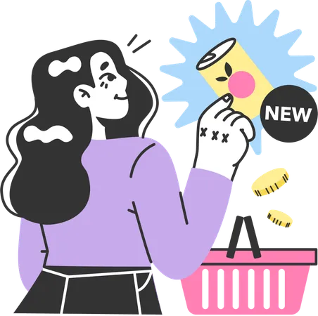 Woman adds products in shopping basket  Illustration